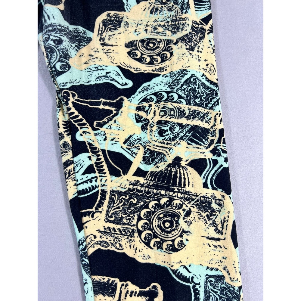 LuLaRoe Tall Curvy Leggings Black Yellow Mint Vintage Rotary Telephone Print TC - Picture 5 of 9